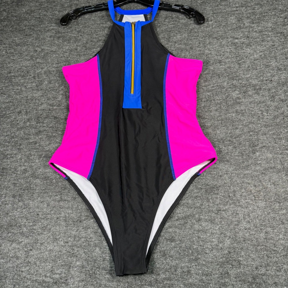 Womens Colorblock High Neck Front Zip One Piece Swimsuit Black Pink‎ Blue Large